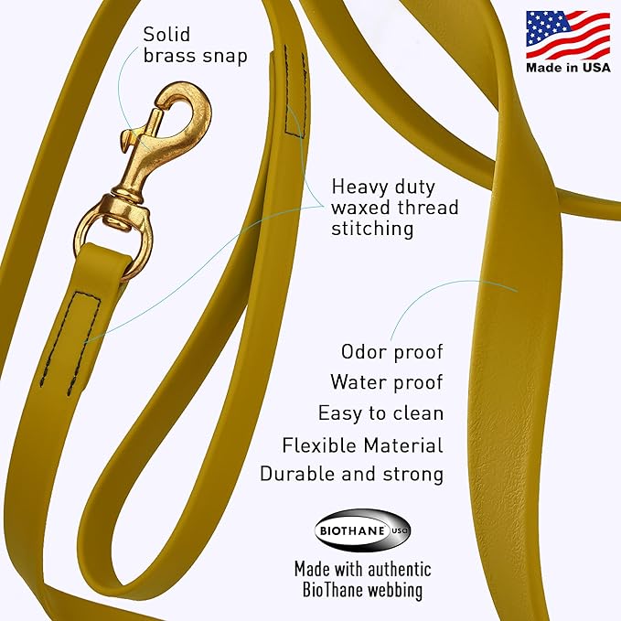 Viper K9 Biothane Working Dog Leash Waterproof Lead for Tracking Training Schutzhund Dog Sport & Search - Odor-Proof Long Line with Solid Brass Snap for Puppy Medium Large 5/8" x 15ft Treasure Gold