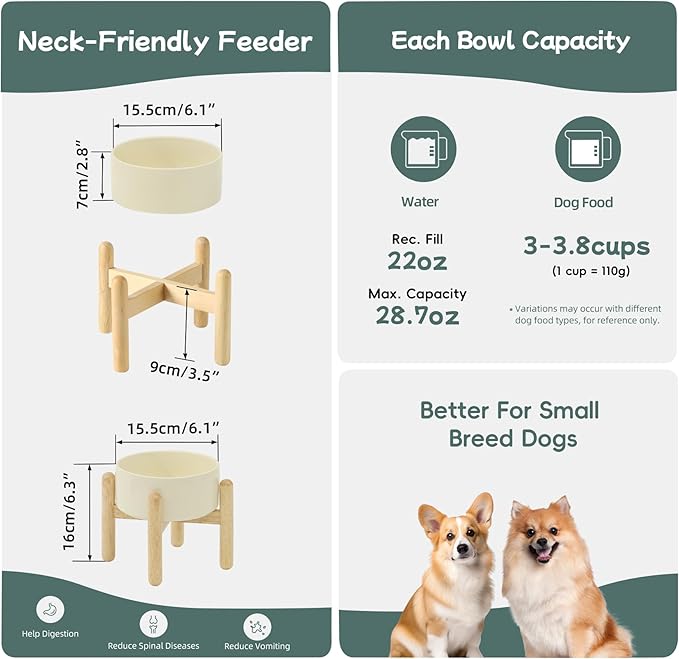Ceramic 6.1inch Raised Dog Bowl with Stand for Small and Medium Dog Dish Pet Food and Water Bowl (Single Bowl with Stand - Beige)