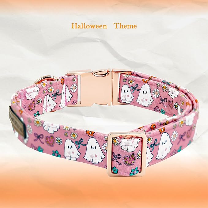 Elegant little tail Halloween Dog Collar, Pink Ghosts Print Dog Collar with Bow Puppy Collar Bowtie Flower Female Cotton Adjustable Collars for Small Medium Large Dogs