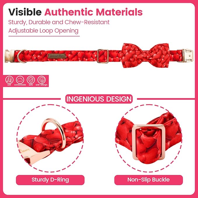Lionheart glory Dog Bow Collar - Valentine's Day Dog Collar with Bowtie Red Hearts Print Collars Soft Adjustable for Large Dogs Male Female Dogs Spring Cute Collars