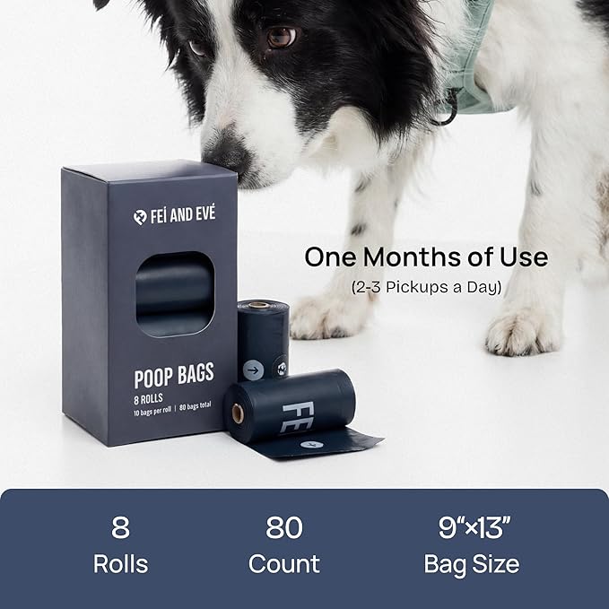 2026 New Edition, Fei & Eve Poop Bags 8 Rolls (80 Bags, Unscented) - Extra Thick 25 Micron & Leak-Proof | High-Density PE | Stretch Resistant | Easy to Tear off