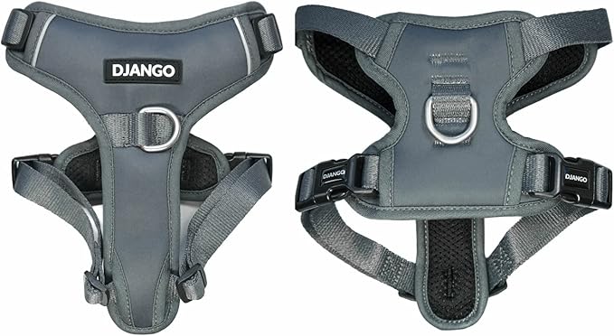 DJANGO Tahoe No Pull Dog Harness – Escape-Proof Dog Harness for Medium & Large Dogs with Front & Back Clips for Everyday Use – Adjustable, Padded, Reflective, Secure, Easy On/Off – Poppy Gray, Large