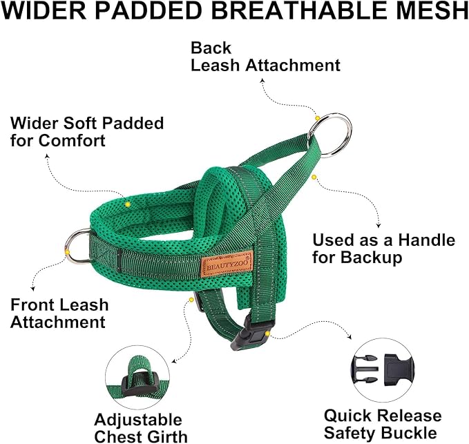BEAUTYZOO No Pull Dog Harness Medium Sized Dog, Breathable Mesh Padded Dog Harness and Leash Set, Adjustable Reflective Escape Proof Dog Vest Harnessss Quick Fit for Training Walking, Green M