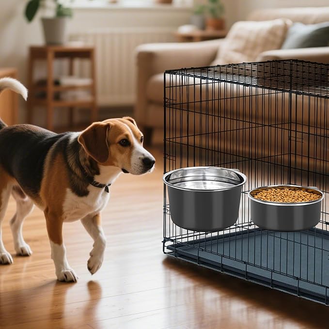 Large Dog Crate Water Bowl No Spill, 2 Pack Stainless Steel Dog Bowls for Food and Water, Pet Kennel Hanging Dogs Food Bowls for Medium/Large Dogs and Cats (7.1"x3.7" & 6.3"*2.6", Black)