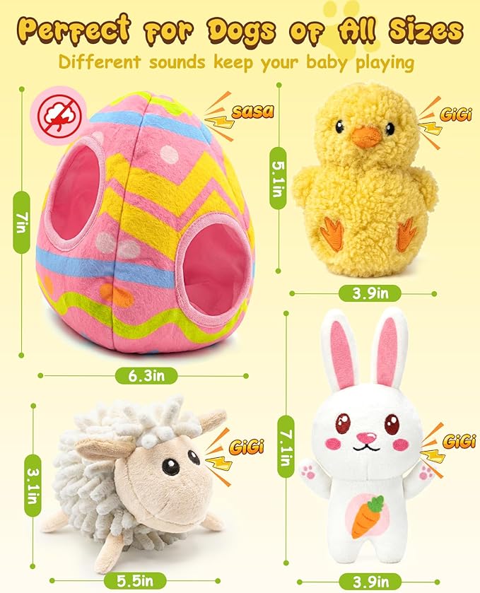 Swooflia 4 Pack Easter Puzzle Dog Toys for Small Dogs - Enrichment Plush Squeaky Bunny Chick Lamb and Crinkle Easter Egg Interactive Puppy Toy for Hide and Seek (Not for Big & Aggressive Chewer)