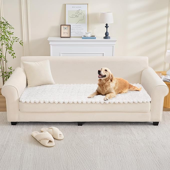 Couch Cover for Dogs, Non Slip Fuzzy Pet Couch Covers for Sofa,Pet Friendly Dog Mat for Couches and Sofas,Thick Soft Sofa Slipcovers Cushion Protector(White, 28 x 83/70 x 210cm)