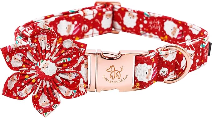 Elegant Little Tail Christmas Dog Collar with Santa Claus, Flowers for Medium Dogs