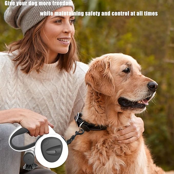 HCY&WLD Upgrade 4-in-1 Retractable Dog Leash with LED Light & Dispenser & Poop Bags, 16 ft Heavy Duty Dog Leash with Anti-Slip Handle for Dogs up to 110 lbs, 360° Tangle-Free, One Button Brake & Lock