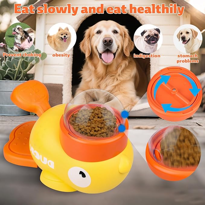 2-in-1 Dog Interactive Slow Feeder, Dog Food Puzzle Toy with 3 Outlet Sizes Replacement Heads Plastic Pet Cat Duck Frenchie Treat Dispenser Bowl for Protecting from Bloating IQ Training