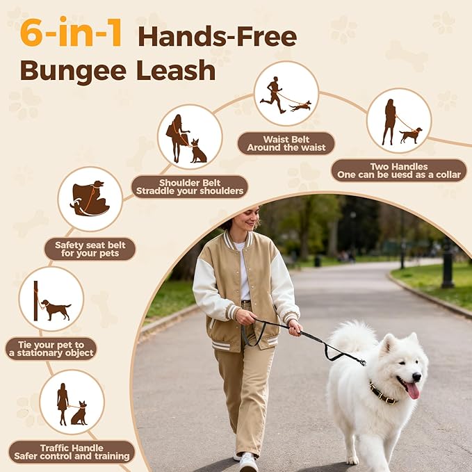 Detachable Heavy Duty Tactical Dog Leash, 9.7FT Hand-Free Bungee Shock Absorption Leash with Padded Handle Quick Release Metal Clip Car Seatbelt No Pull Training Lead for Medium & Large Dogs (Black)