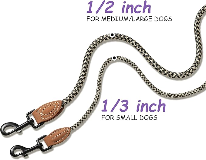 Mile High Life Small Dog Leash, Thin Rope Leash with Genuine Leather Connection and Heavy Duty Metal Clasp, Great for Small Medium Dogs(Black Khaki,60 Inch-1/3)