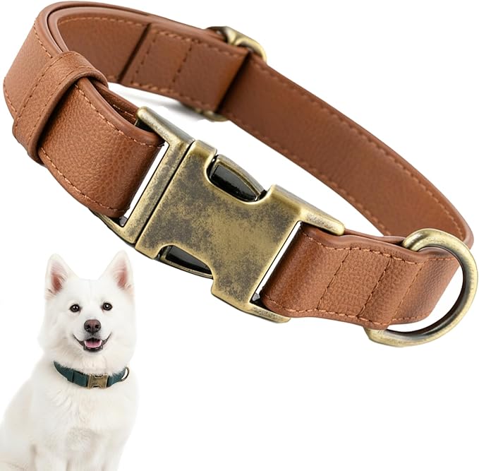 Leather Dog Collar for Medium Dogs Silicone Soft Flexible Waterproof Odor-Proof Durable Thick Classic Adjustable Pet Puppy Collar (Brown, Medium (11.5-18.5" Neck))