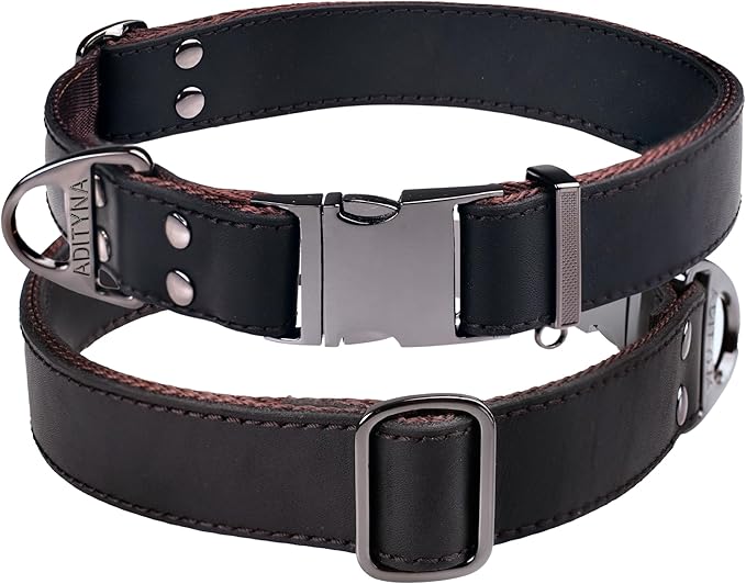 ADITYNA Leather Dog Collar with Metal Buckle - Heavy-Duty, Adjustable for Medium & Large Dogs - Walking, Training, Tactical (Black, Fits 15-21" Necks)