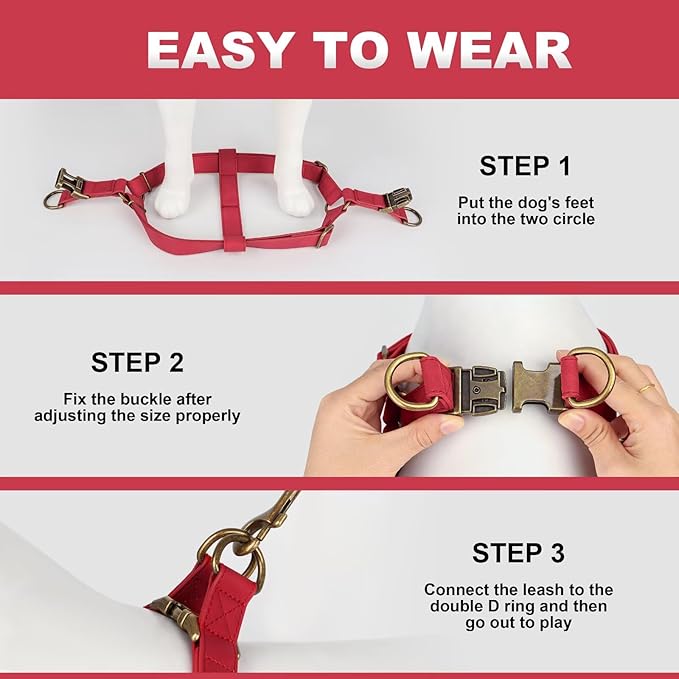 Didog Step in Dog Harness - PU Leather Dog Harness with Antique Bronze Metal Buckle, Easy Walk Dog Halter Harness for Medium Large Dogs Walking Training (Red, M: Chest 20-29")