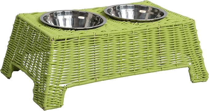 DBL4000Y Serenity 6.9" Small/Medium Elevated Wicker Pet Feeder with 18oz (2.2 Cups) 2-Stainless Steel Bowls, Light Green