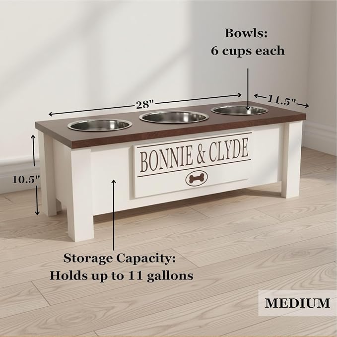 GTW Personalized Elevated Triple Dog Bowl Stand for Large, Medium, Small, X-Small Dogs - 3 Stainless Steel Food and Water Bowls - Raised Dog Dish Internal Storage (Medium, Black)