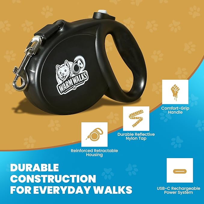 Heated Dog Leash Retractable Heavy Duty – 16’ Extendable Leash with 3 Heat Settings, USB-C Port to Charge Your Mobile, Heated Hand Grip, Reflective Design, for Large Dogs Up to 75 lbs