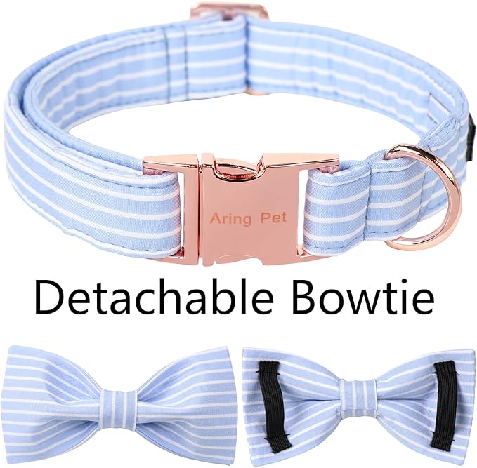 ARING PET Dog Collars with Bow, Blue Stripe Adjustable Bowtie Pet Collar with Metal Buckle for Small Medium Large Boy Girl Dogs-L