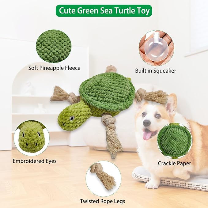 Cute Marine Animal Dog Squeaker Chew Toys, Interactive Stuffed Cotton Plush Rope Knot Toys with Crinkle Paper- for Puppy, Small, Middle Dogs(Green Turtle)