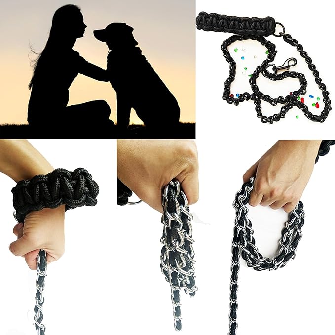 Dog Leash Leads Chain Rope Metal with Pet Collar Training Walking Heavy Duty Anti Bite 360 Hook for Medium and Large Dogs Black (X-Large)