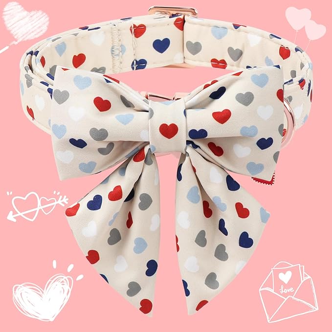 DOGWONG Dog Bow Collar Valentine's Day Dog Collar -Hearts Print Dog Collar with Bowtie Spring Dog Collars Pet Collar Bows Cute Collars,S