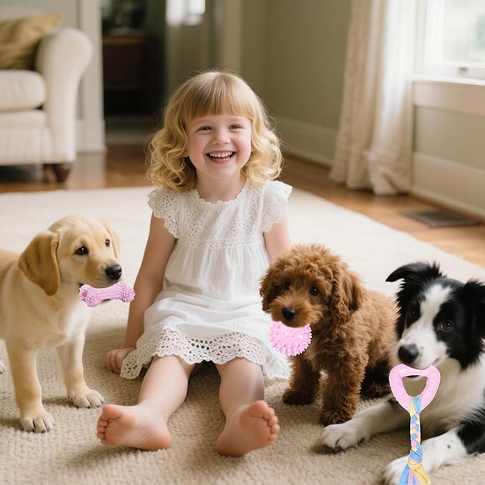 Puppy Toys, Puppy Teething Toys, 9 Pack Soft Durable Rubber Interactive Pink Puppy Chew Toys for Teething to Soothe Gums and Keep Busy, Cute Puppy Essentials (Pink)