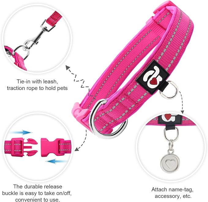 azuza Reflective Dog Collar with Airtag Holder, Soft Neoprene Padded Pet Collar with ID Tag Ring, Adjustable for Small Dogs,Hot Pink,S