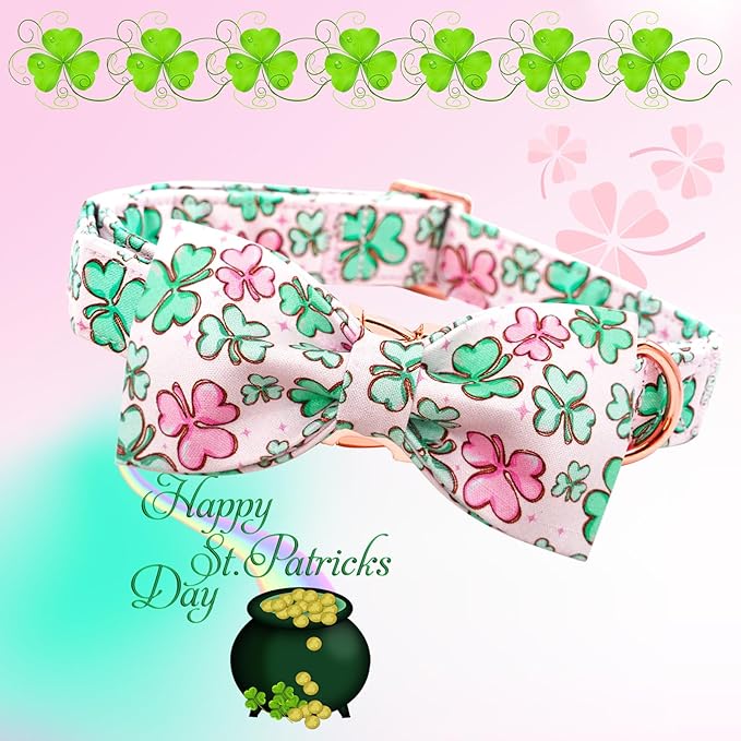 Lionheart glory Dog Bow Collar St. Patrick's Day Dog Collar for Large Dogs, Adjustable Green Collars Lucky Clover Shamrock Dog Collar with Bowtie Pet Collar Bows