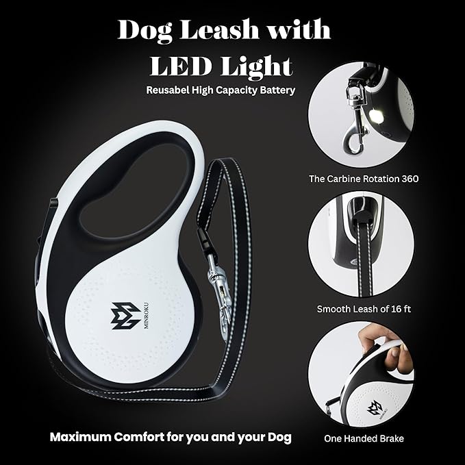 Retractable Dog Leash with LED Light – 360° Tangle-Free 16ft Heavy - Duty Nylon Tape Leash | One-Hand Brake, Pause & Lock System | Medium Dogs (White)