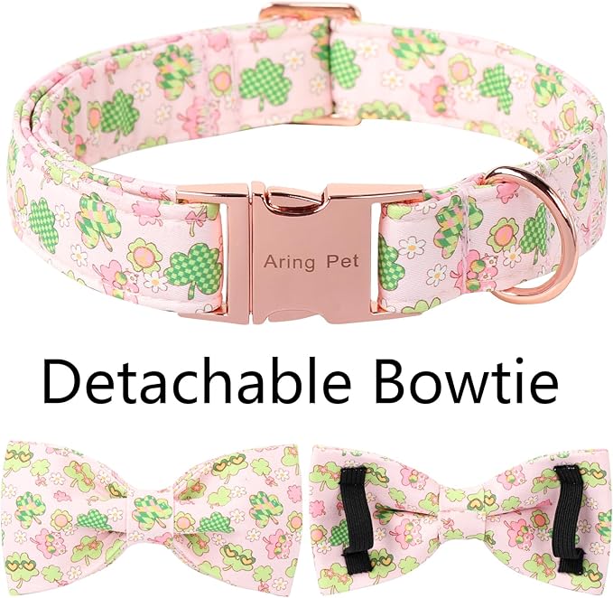ARING PET St Patrick's Dog Collar with Bow, Cute Pink Shamrock Clovers Pets Detachable Bow Tie Collars for Puppy Small Medium Large Girl Boy Dogs-XS