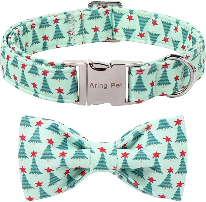 ARING PET Christmas Dog Collar with Bow, Cute Xmas Green Christmas Tree Bowtie Pet Collars for Puppy Small Medium Large Girl Boy Dogs-M
