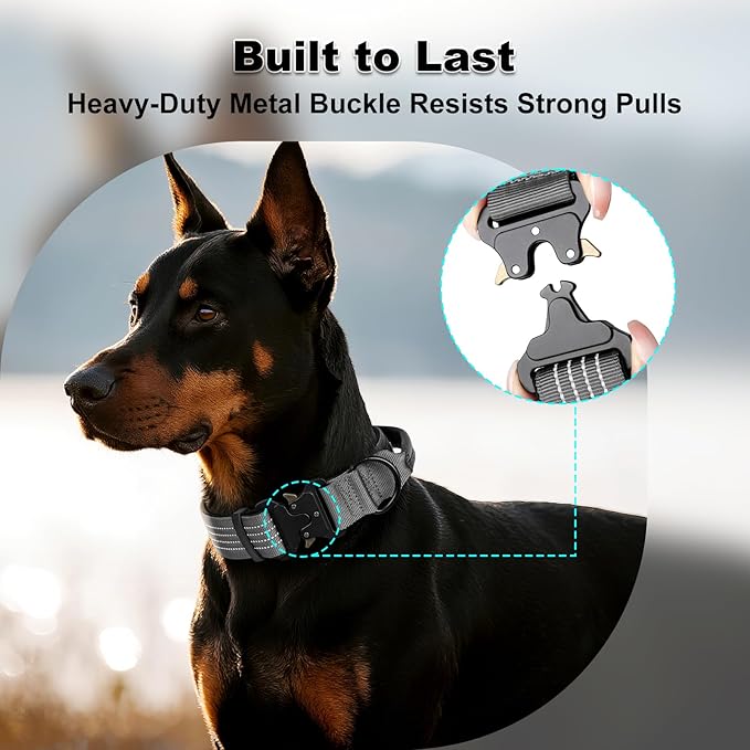 Plutus Pet Tactical Dog Collar with Tracker Pocket for AirTag, Adjustable Reflective Nylon Collar, Metal Buckle, Leather-Wrapped Handle, Soft Padded for Medium Large Dogs (Gray, L)