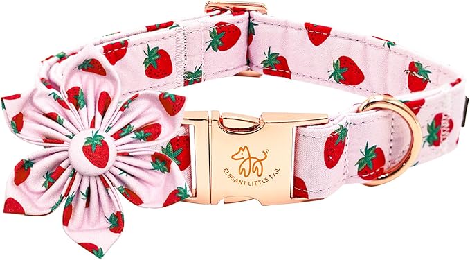 Elegant little tail Dog Collar with Flower, Strawberry Print Pet Collar Flower Pet Collars Summer Cute Adjustable Dog Collars for X-Small Dogs