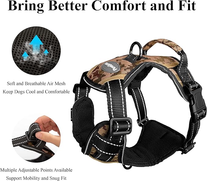 No Pull Dog Harness, Reflective Walking Dog Harness with Easy Control Handle and Front & Back Clips,Adjustable Breathable Soft Padded Dog Vest Harness for Large Medium Small Dogs Camo,XL