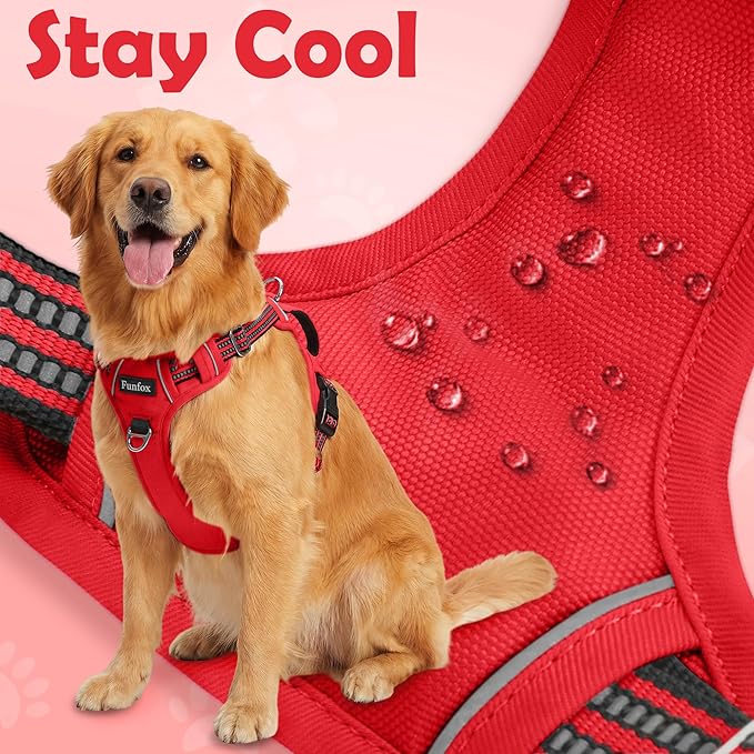 Funfox Dog Harness No Pull, Adjustable Pet Vest Harness, Super Soft Material with Vertical Handle Easy Control, Reflective Night Walking, 2 Leash Clips for Large Dogs, Red, L