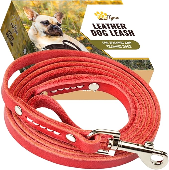 ADITYNA - Premium Leather Dog Leash - 6 ft, Heavy-Duty, Soft & Strong for Small/Medium Dogs (Small: 6 ft x 1/2", Red)