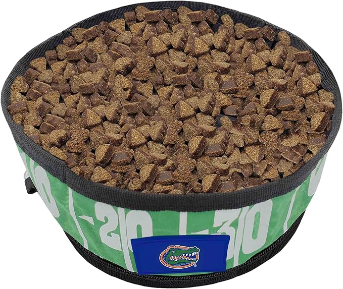 Pets First NCAA Florida Gators Collapsible Dog Travel Bowl, Food and Water Bowl for Dogs & Cats. Lightweight Leak-Proof Pet Bowl for Travel with Football Field & Pebble-Grain Design