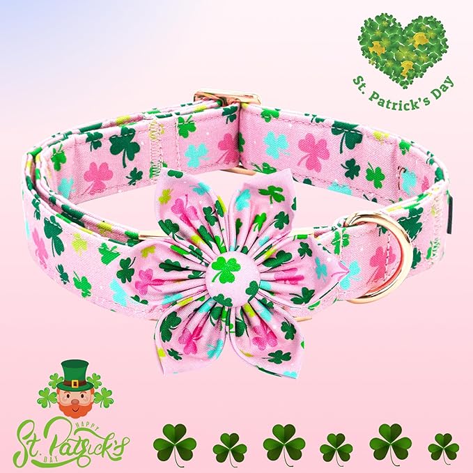 Elegant little tail St Patrick's Dog Collar with Flower Green Cute Colver Cotton Shamrock Pet Collar Trefoil Puppy Collar Flower Holiday Adjustable Cotton Pet Collar for Small Medium Large Dogs