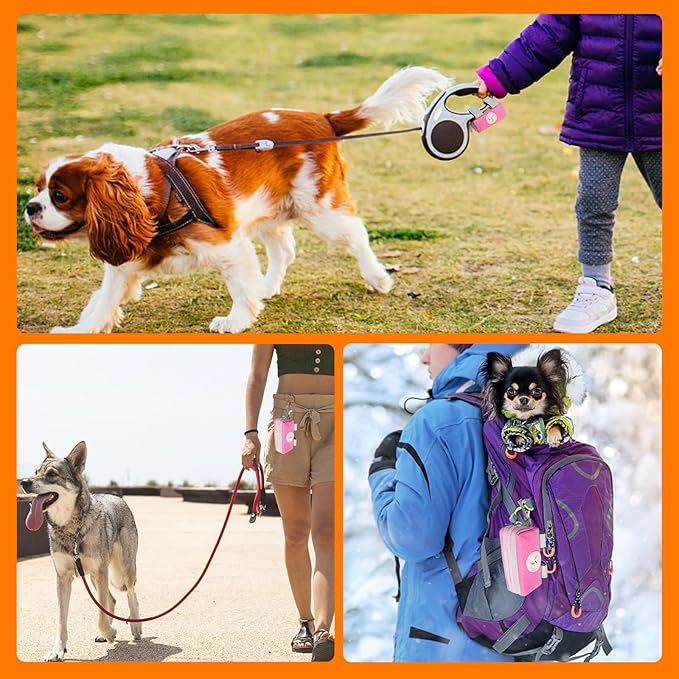 Dog Poop Bag Holder Zippered Pouch, Portable Dog Poop Bag Dispenser with 1 Metal Clip, Fashion Color Matching Canvas Waste Bag Holder for Leashes - Pink