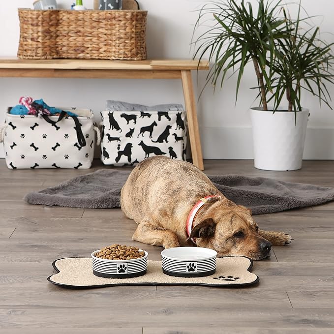 Bone Dry Ceramic Stripe Paw Pet Bowls Collection, Dishwasher Safe, Medium, 6x2, Black 2 Count