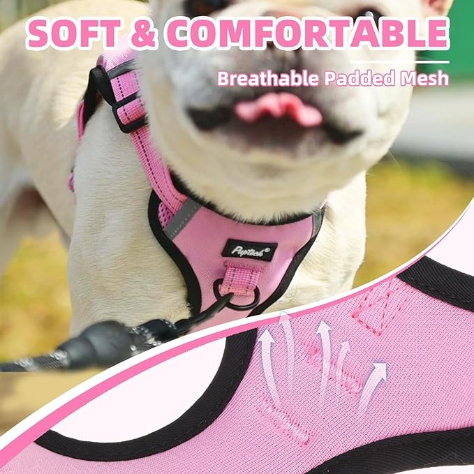 PUPTECK No Pull Dog Harness Small Sized Dog, Adjustable Reflective Escape Proof Easy Control, Comfortable Soft Padded Step in Pet Vest Harness, Pink, S