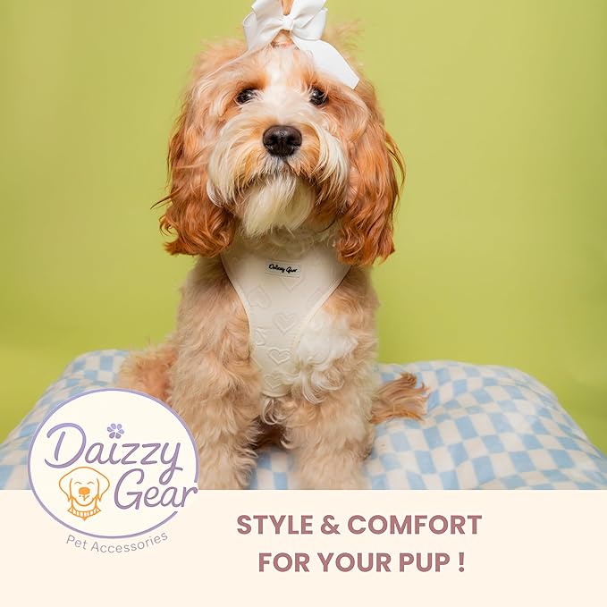 Medium Dog Harness Set – Cute No Pull, All Weather, Breathable Harness and Leash Set with Collar, Bandana, Sailor Bow & Poop Bag Holder – Adjustable, Soft & Stylish - Cream Hearts on Jacquard Fabric