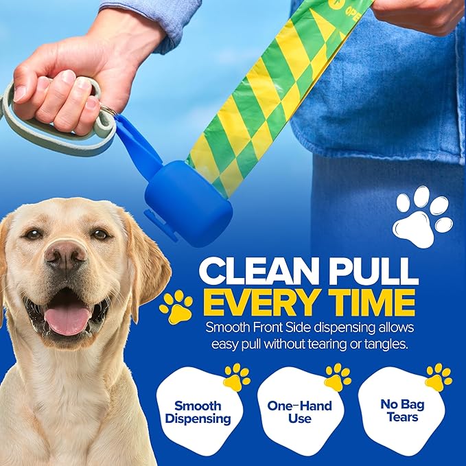 Dog Poop Bag Dispenser with 15 14" Bags Capacity – Blue Silicone Dog Poop Bag Holder for Leash | Durable, Portable & Refillable Waste Bag Case | Only Fits Waste Happy bags