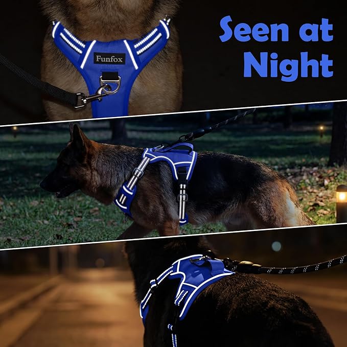 Funfox Dog Harness No Pull, Adjustable Pet Vest Harness, Super Soft Material with Vertical Handle Easy Control, Reflective Night Walking, 2 Leash Clips for XLarge Dogs, Blue, XL