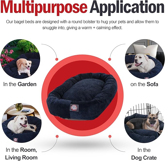 Majestic Pet 32 Inch Micro Velvet Calming Dog Bed Washable – Cozy Soft Round Dog Bed with Spine for Head Support - Fluffy Donut Puppy Mat 32x23x7 (inch) Medium – Navy