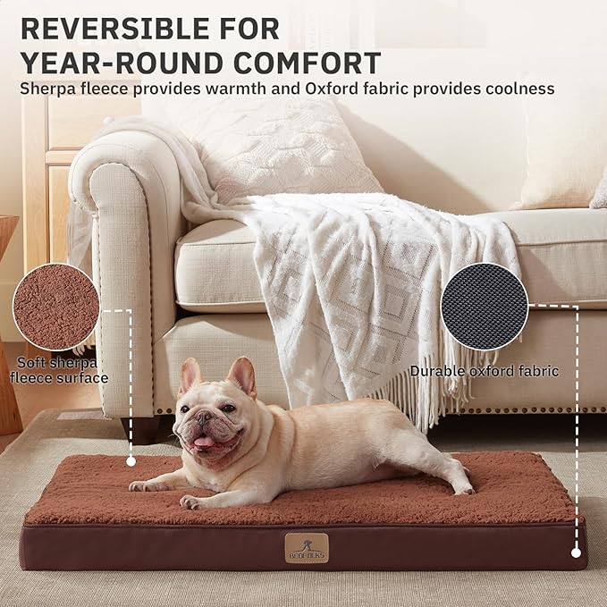Bedfolks Orthopedic Dog Bed for Large Dogs - Egg Foam Dog Crate Bed with Removable Waterproof Cover, Pet Bed Mat Suitable for Dogs and Pets Up to 65 lbs (36 x 27 x 3 inches, Brown)