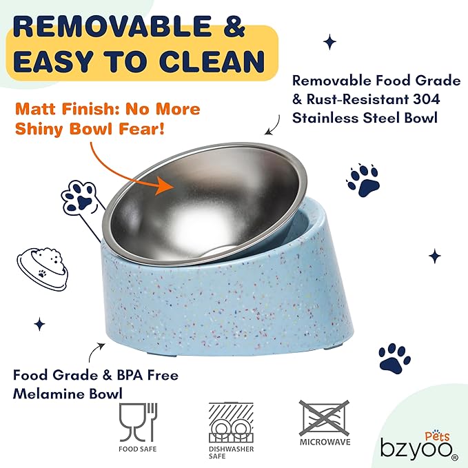bzyoo 16oz Tilted Dog Bowl for Small Dogs & Cats, 15° Elevated Stainless Steel Pet Feeder, Ergonomic Anti-Vomiting Food Bowl for Frenchie, Pug, Persian Cat, Non-Skid Melamine Stand, Sprinkle (Blue)