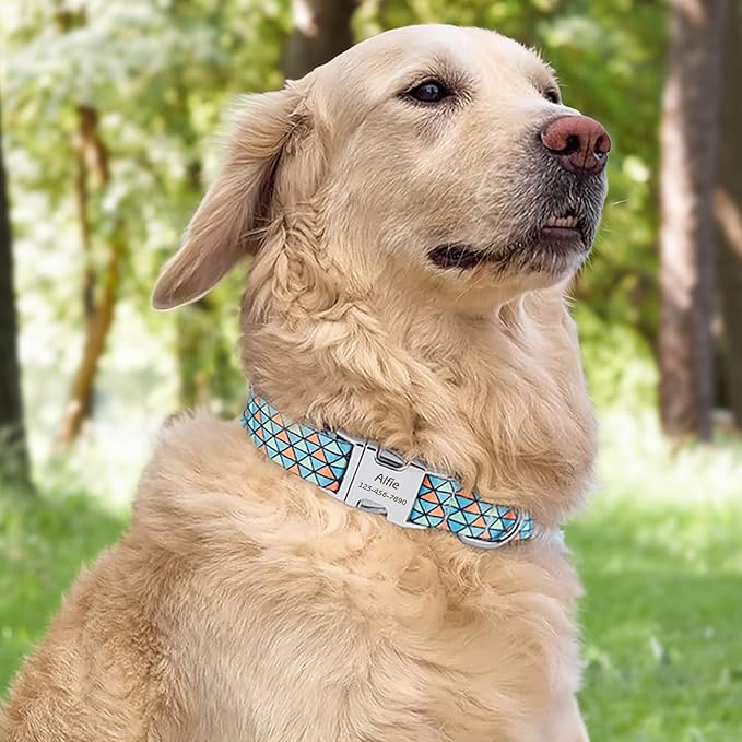 Personalized Pet Collar with Buckle | Custom Name & Number Mosaic Print | XS - L Sizes |Metal Buckle D-Ring | Adjustable Reflective Weatherproof Dog Collar for Medium and Small Dogs