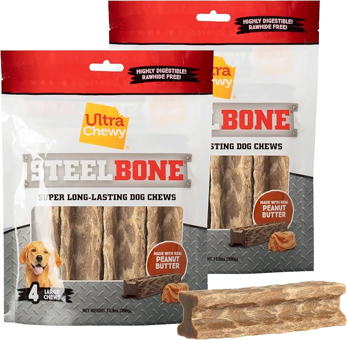 Ultra Chewy Steel Bones Large Size Peanut Butter Flavor - Super Long Lasting Dog Chews - Rawhide Free & Highly Digestible - Unique Shape Helps Clean Teeth - Ideal Dog Bones for Aggressive Chewers