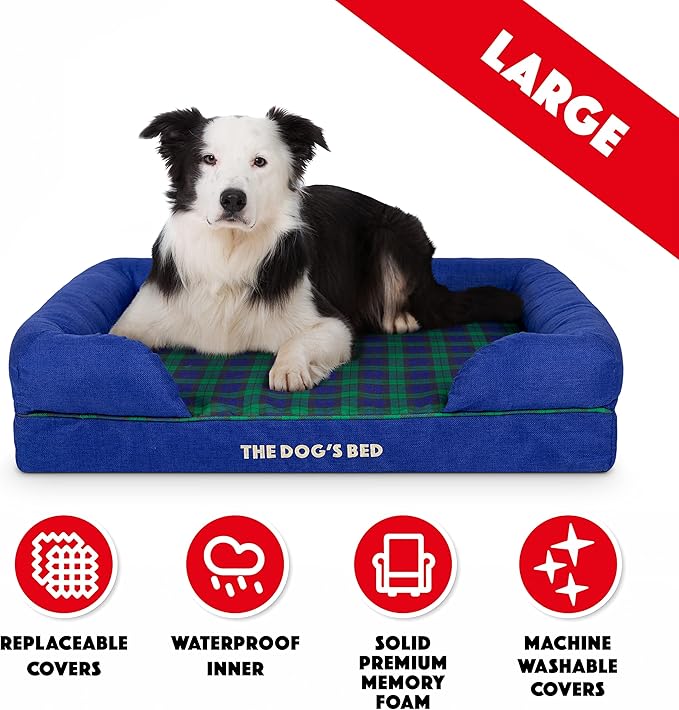 The Dog’s Bed Orthopedic Memory Foam Dog Bed with Bolsters, Oxford Fabric, Black Watch Tartan, Large